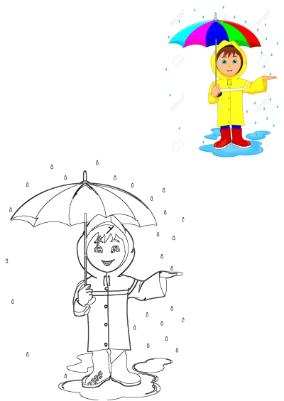 Cartoon image of a little boy in yellow raincoat and red boots holding a rainbow umbrella in the rain, standing in puddles. 