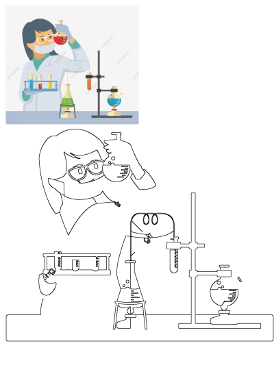 Woman in white lab coat holding a beaker with liquid and flasks. Illustration of scientific research and chemical experiments.