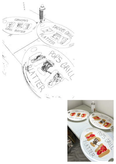 Three plates with handpainted food, personalized for "Grandpa's", "Daddy's", and "Pop's" Grill Platter. Whimsical hotdogs and burgers on each.