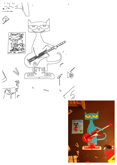 Paper craft of Pete the Cat playing guitar, inspired by the book 'Pete the Cat: Rocking in My School Shoes', displayed on the floor with crafting materials.
