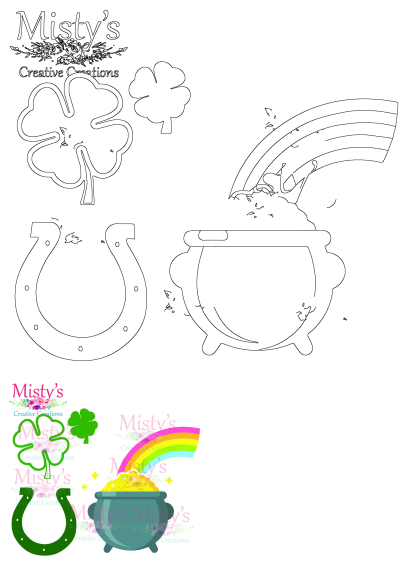 St. Patrick's Day clipart featuring a pot of gold at the end of a rainbow, a four-leaf clover, and a lucky horseshoe. 