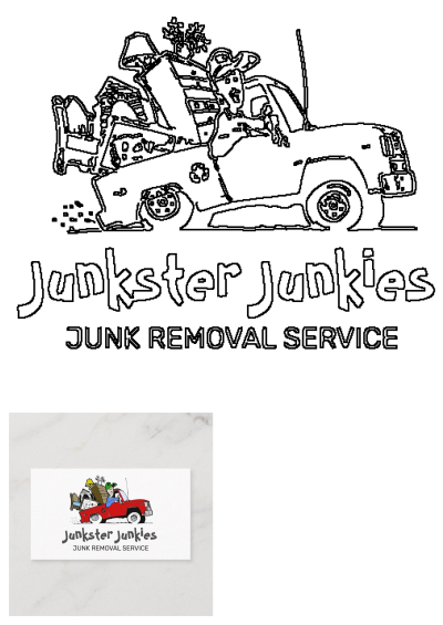 Junkster Junkies logo on a red truck filled with furniture and people. Image represents their junk removal service. 