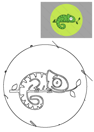 Cartoon illustration of a green chameleon with wide eyes, sitting on a tree branch, blending into the surrounding greenery.