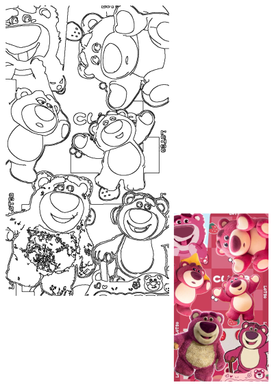 Collage of Lotso bear from Toy Story. Features various cute poses with a strawberry-themed background. Cartoon collage, and cuteness overload.