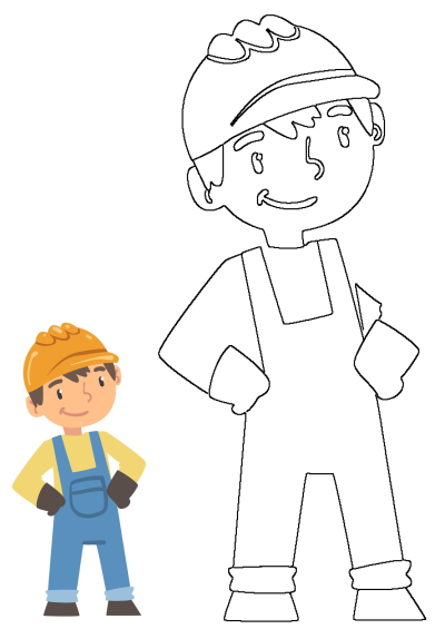 Cartoon illustration of a confident construction worker. He's wearing blue overalls and an orange hard hat, standing with hands on his hips.