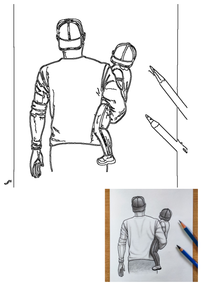 Pencil drawing featuring a tender moment: a father holding his child, back view. Art captures the love between parent and child.