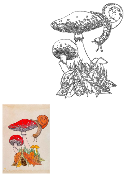 A drawing of two red mushrooms with white spots, a snail, leaves, and acorns; a whimsical scene of nature's small wonders.