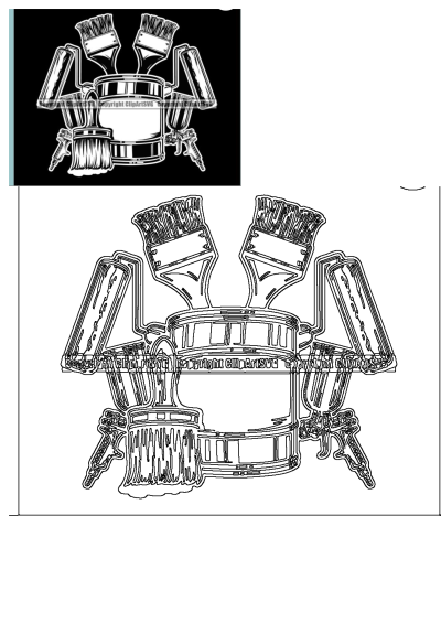 Black and white drawing of paintbrushes, paint rollers, spray guns and buckets. Ideal for painting, art and DIY projects with a painting theme.