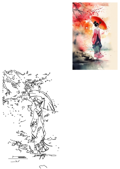 Watercolor painting of a woman in a kimono holding an umbrella under a tree with red blossoms. Serene Asian-inspired art.