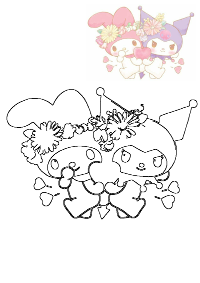 Two cartoon characters, My Melody and Kuromi, are hugging. They have flowers on their heads and there are hearts around them, showing love and friendship.