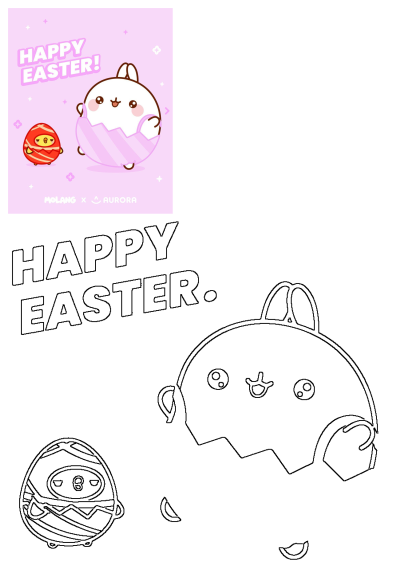 Cartoon image with the words 'Happy Easter' featuring Molang character emerging from an Easter egg and another cute Easter egg character.
