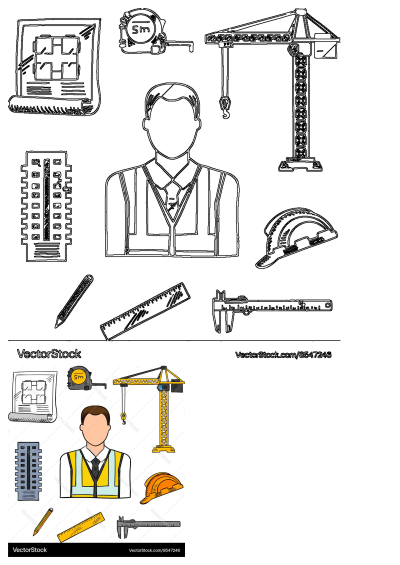 Construction worker icons set in flat style featuring a building plan, construction worker figure, tools, and safety equipment.