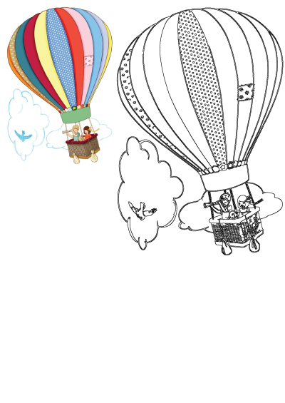 Two children enjoy a hot air balloon ride with birds flying around them and clouds in the sky. Illustration of a joyful journey. 