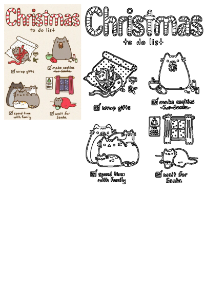 Cute Pusheen Christmas to-do list: cats wrapping gifts, baking cookies, family time, waiting for Santa. Features colored and outline art.