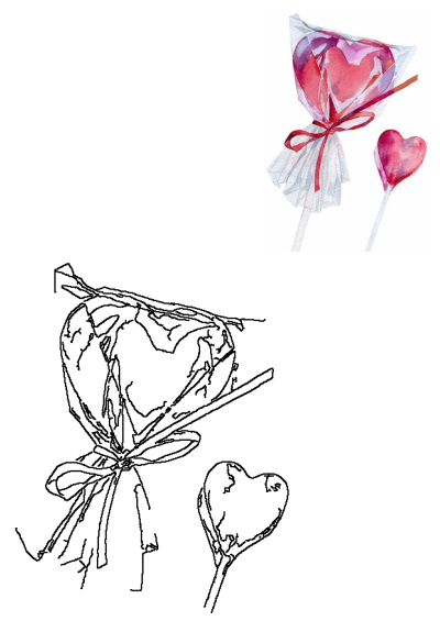 Watercolor painting of two heart-shaped lollipops, one wrapped with a red ribbon. Sweet treats for Valentine's Day.