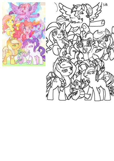 Cartoon drawing of many different My Little Pony characters grouped together in a colorful cartoon style illustration.