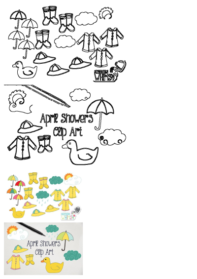An image of children's clothes and umbrellas with the words spring showers clip art. Features raincoats, boots, hats, ducks and clouds.