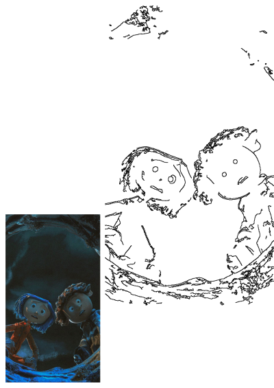 Coraline and Wybie puppets looking down with concerned expressions, as if peering into a dark, mysterious hole or abyss. Animation stop motion scene.