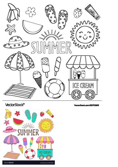 Colorful cartoon illustration with summer elements: sun, ice cream, beach umbrella, and text 'SUMMER', ideal for summer design.