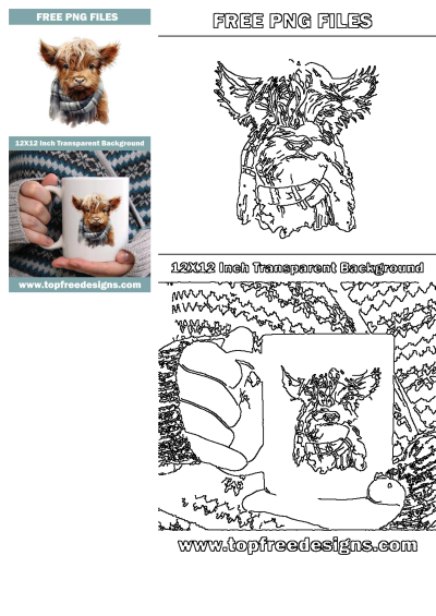 Adorable Baby Highland Cow Clipart: Cute fluffy calf with a scarf, charming watercolor style, perfect for digital art and crafts.