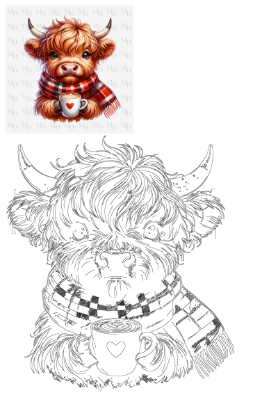 A charming brown highland cow wearing a red plaid scarf, holding a latte with a heart on it, horns adorned, ready for a cozy day.