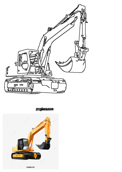 Isolated shot of an orange and black excavator on a white background. Perfect illustration for construction or heavy machinery.