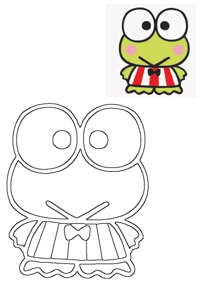 Cartoon image of Keroppi, a green frog with large eyes and pink cheeks. He is wearing a red and white striped shirt and a bowtie. 