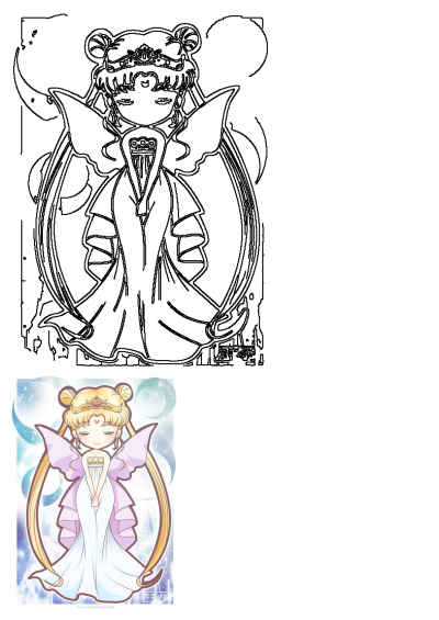 Chibi style anime fan art of Princess Serenity from Sailor Moon. Features a blonde anime character in a white dress, with a crown.