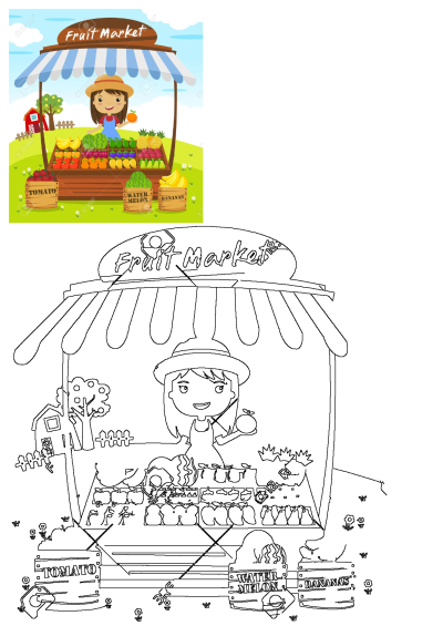 Illustration of a girl selling fruit and vegetables at a market stand. Fresh produce includes tomatoes, bananas, watermelons, and more.