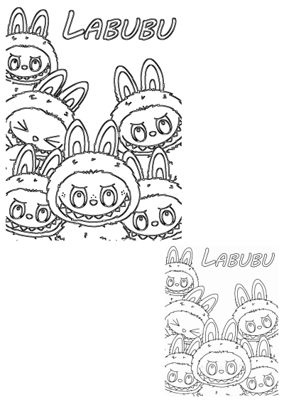 Labubu coloring page line art illustration. A group of the iconic Labubu characters with bunny ears. Perfect coloring activity!