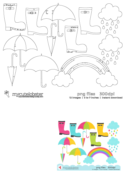 Rain boots, umbrellas, and rainbow in the clouds clipart. Perfect for kids t-shirts or other creative items. Colorful and fun design.