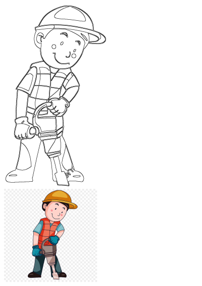 HD png clipart: A man in safety gear (helmet, vest, gloves) operating a jackhammer. The worker is breaking ground in this illustration.