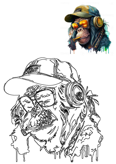 Illustration of a cool monkey wearing sunglasses, headphones, and a cap, while smoking a cigarette, rendered in digital painting style.