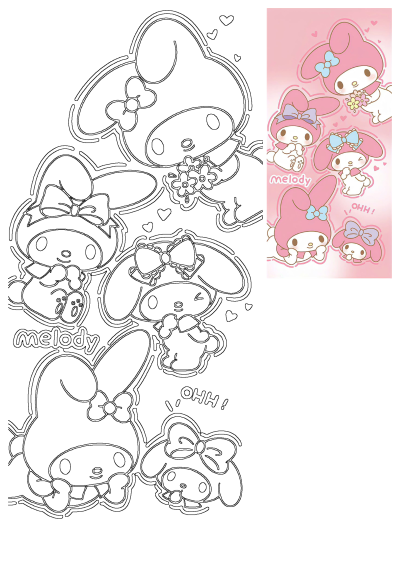 Cute pink background featuring My Melody, the Sanrio character, in various poses with her iconic pink hood and blue bow. 
