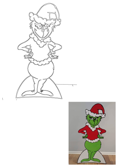 An image of the grin face on top of a cardboard cutout wearing Santa's hat, featuring the classic Grinch character dressed for Christmas.