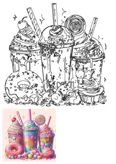 Colorful painting of various sweets like cupcakes, donuts, rainbow swirls, and other treats. Perfect for a fun and whimsical theme. 
