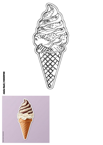 Ice cream sticker featuring swirls of chocolate and white toppings artfully arranged in a classic waffle cone. A sweet, delicious treat.