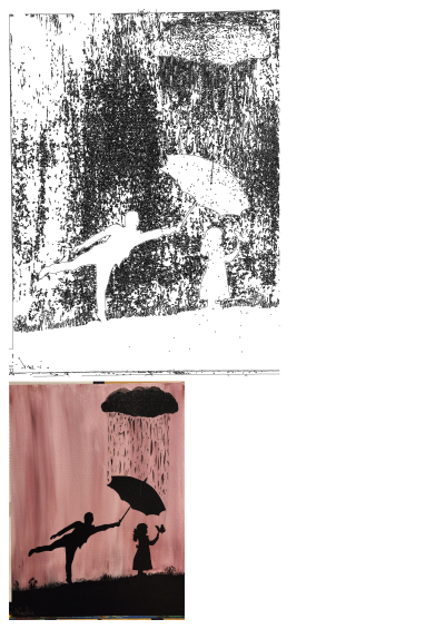 a painting of two people holding hands under an umbrella in the rain, with pink background