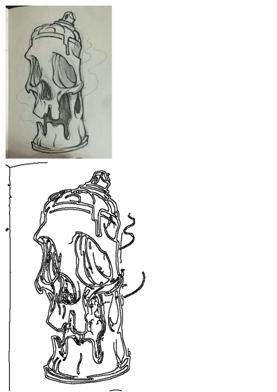 a pencil drawing of a fire hydrant with a skull on it's side
