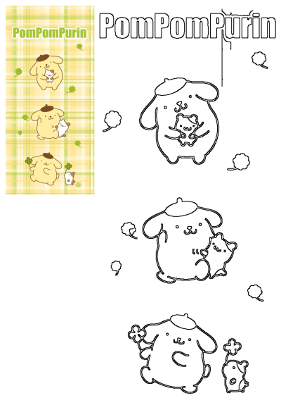 Image of PomPomPurin and friends on a plaid background, featuring cute cartoon characters. Some animals are depicted on the plaid pattern.