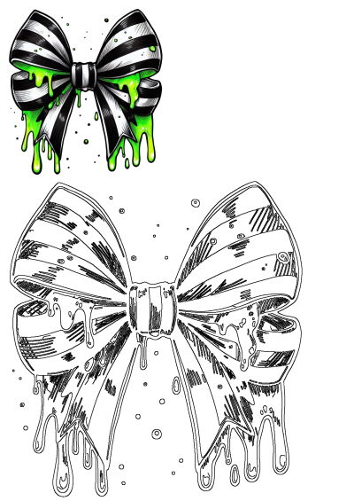 Black and white striped bow with green paint dripping. A black and white bow with green paint dripping down it's side on a white background.