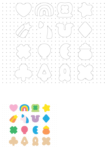 A fun, colorful illustration of Lucky Charms marshmallows, featuring classic shapes like hearts, rainbows, stars and pots of gold. 