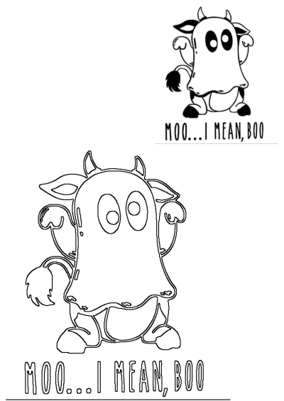 a black and white drawing of a cartoon cow with the words moo i mean, boo