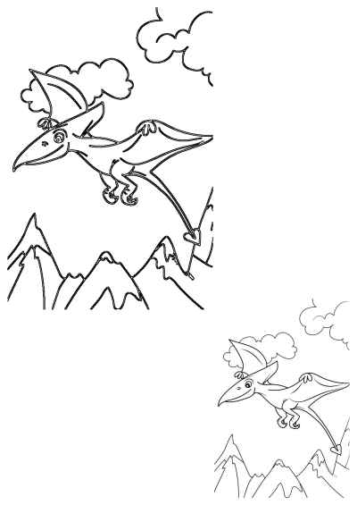 A cartoon bird flying over the mountains, specifically a cartoon Pterodactyl soaring above mountain peaks and clouds in a coloring page style.