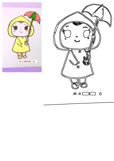 Cartoon drawing of a cute girl in a yellow raincoat holding a red and green umbrella. Adorable illustration for kids. 