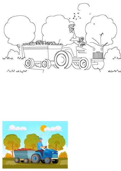 Cartoon illustration of a man riding a blue tractor in a field, hauling a trailer filled with freshly harvested apples. Fall harvest time.