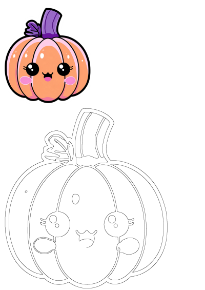 a cartoon pumpkin with eyes and a purple bow on it's head, sitting in front of a white background