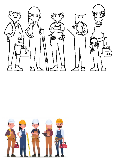 Cartoon illustration featuring three men and two women wearing hardhats. They are standing next to each other with tools. Ideal for construction concepts.