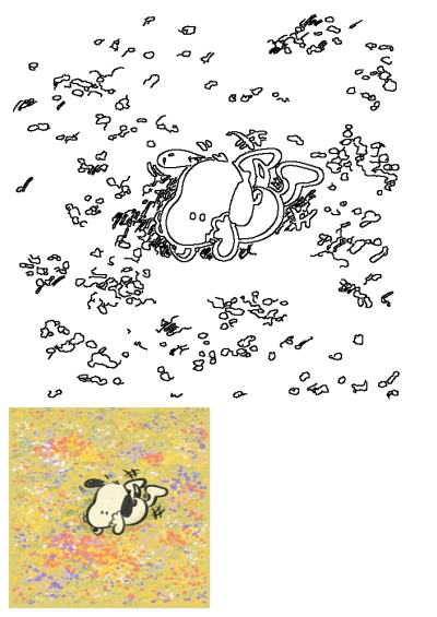 A drawing of Snoopy laying on the ground covered with colorful flowers. The cartoon dog is having fun in a field of wildflowers.