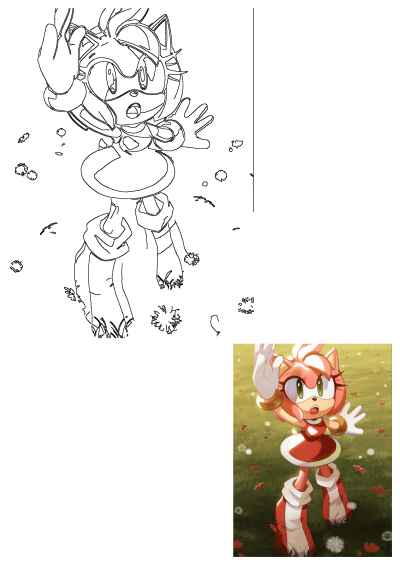 Amy Rose in a field of red and white flowers, waving with one hand up. Cartoon character stands in the grass.